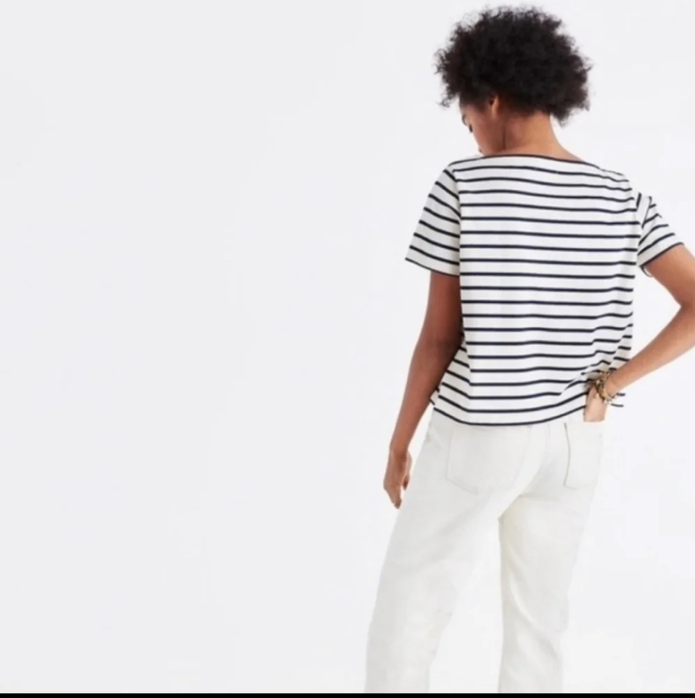 MADEWELL Staycation Embroidered Boxy Blue Ecru Stripe Tee NWT - Picture 5 of 11